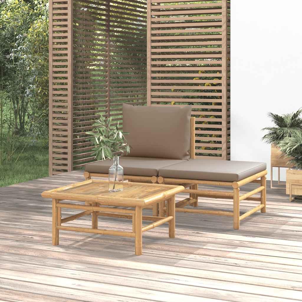 Set de muebles de jardín 3 piezas bambú y cojines blanco crema