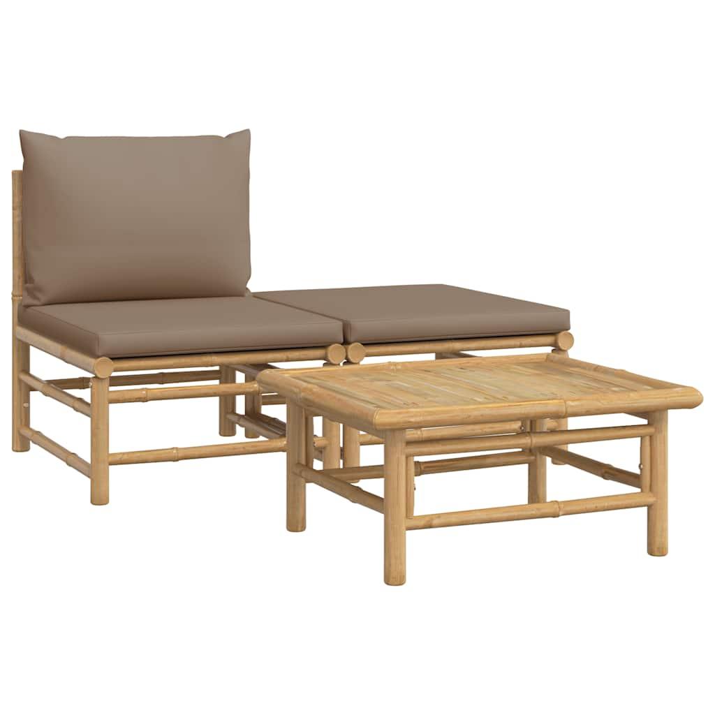 Set de muebles de jardín 3 piezas bambú y cojines blanco crema