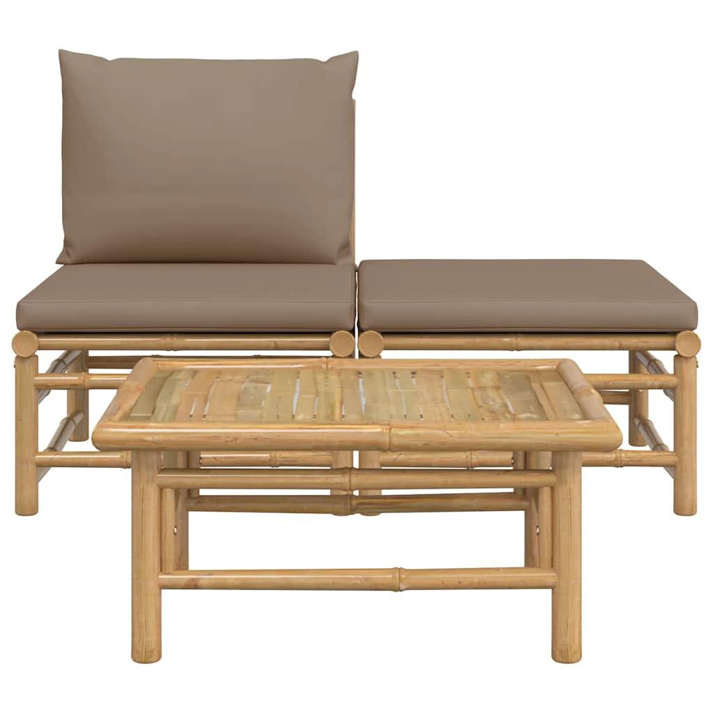 Set de muebles de jardín 3 piezas bambú y cojines blanco crema