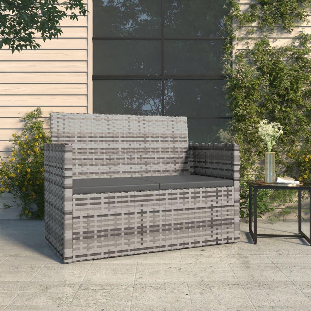 Banco de jardín con cojines ratán sintético gris 116x62,5x74 cm