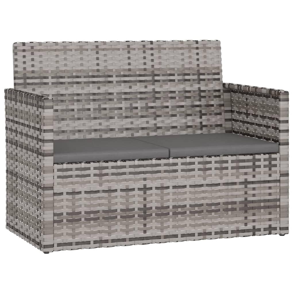 Banco de jardín con cojines ratán sintético gris 116x62,5x74 cm