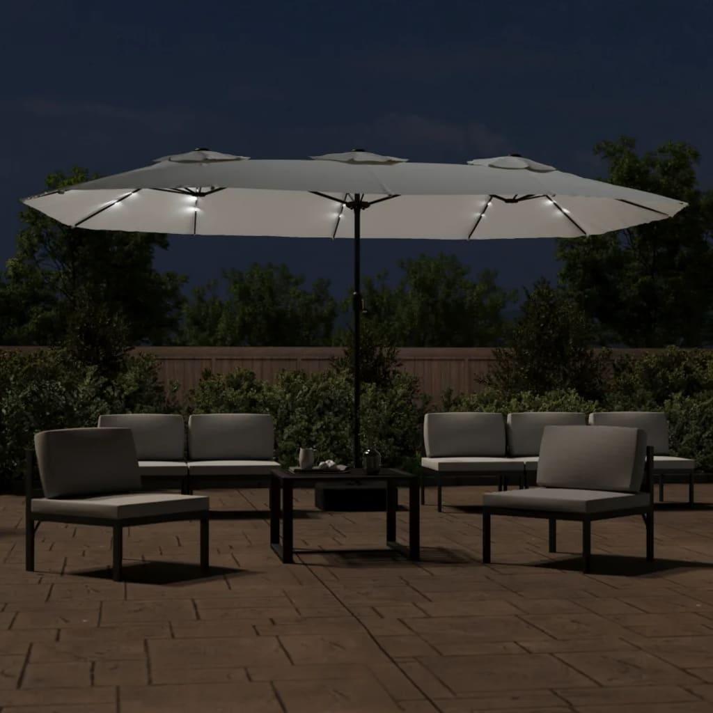 Sombrilla doble de jardín con luces LED blanco arena 449x265 cm