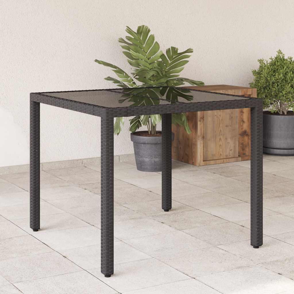 Mesa de jardín superficie de vidrio ratán PE negro 150x90x75 cm