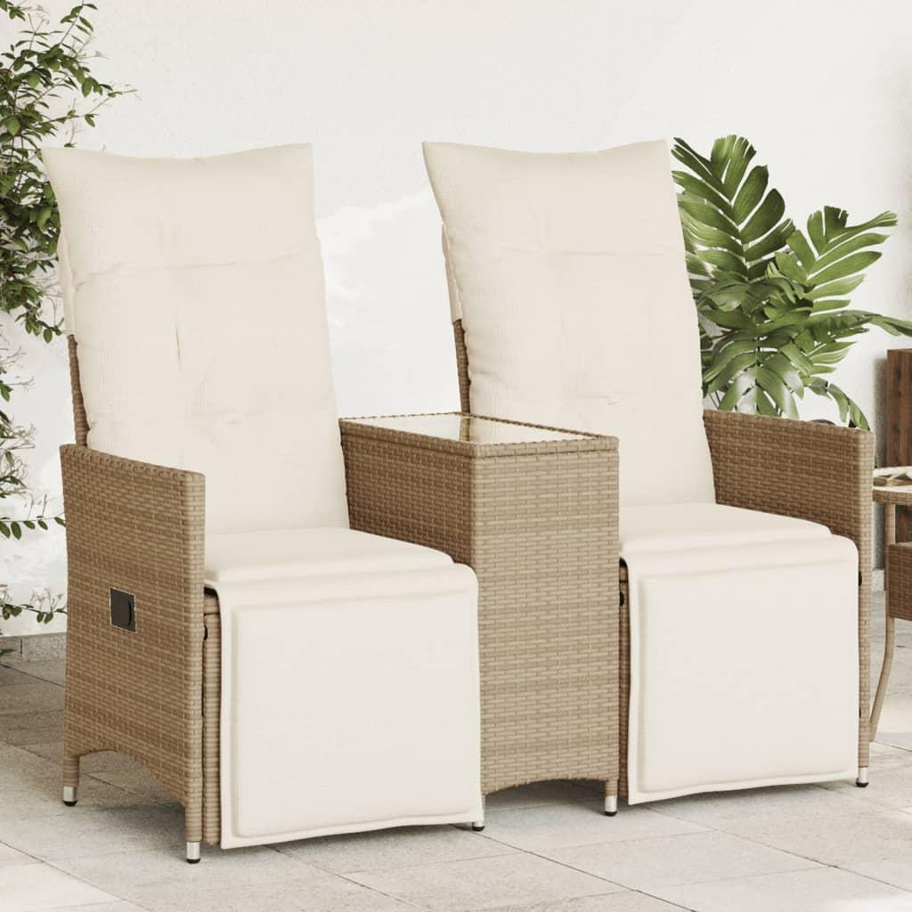 Sofá de jardín reclinable de 2 plazas con mesa ratán PE marrón