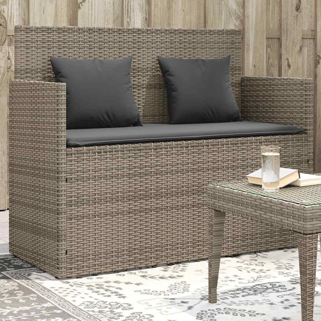 Banco de jardín con cojines ratán sintético gris 116x62,5x74 cm