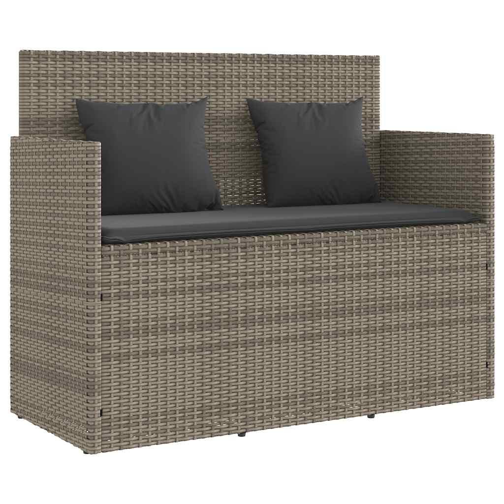 Banco de jardín con cojines ratán sintético gris 116x62,5x74 cm