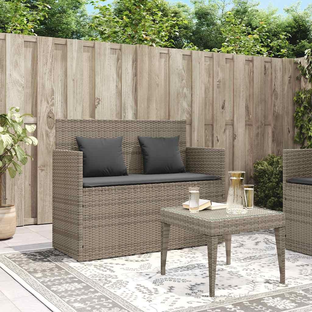 Banco de jardín con cojines ratán sintético gris 116x62,5x74 cm