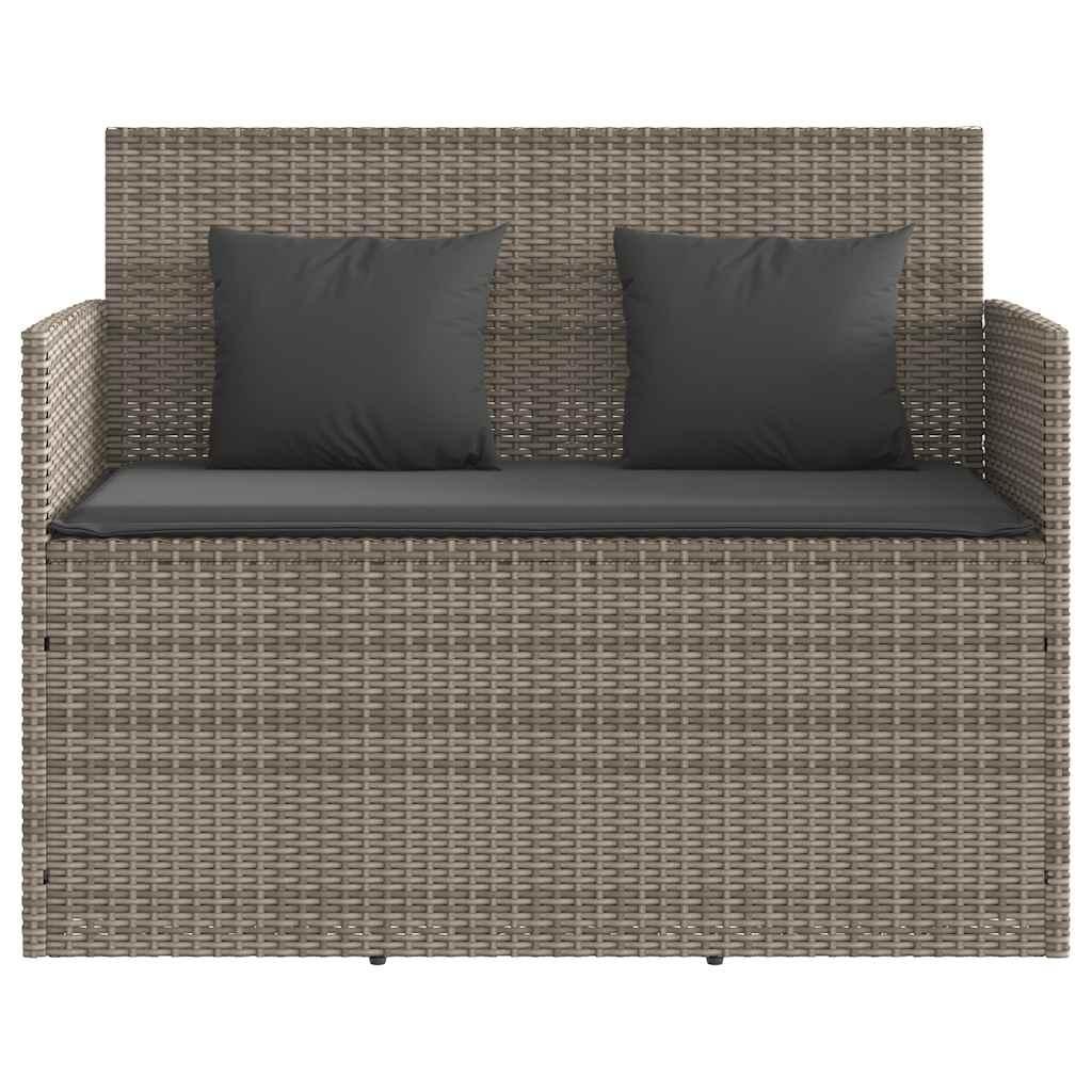 Banco de jardín con cojines ratán sintético gris 116x62,5x74 cm