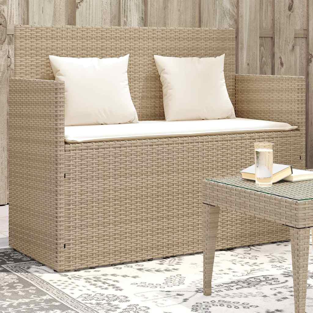 Banco de jardín con cojines ratán sintético gris 116x62,5x74 cm