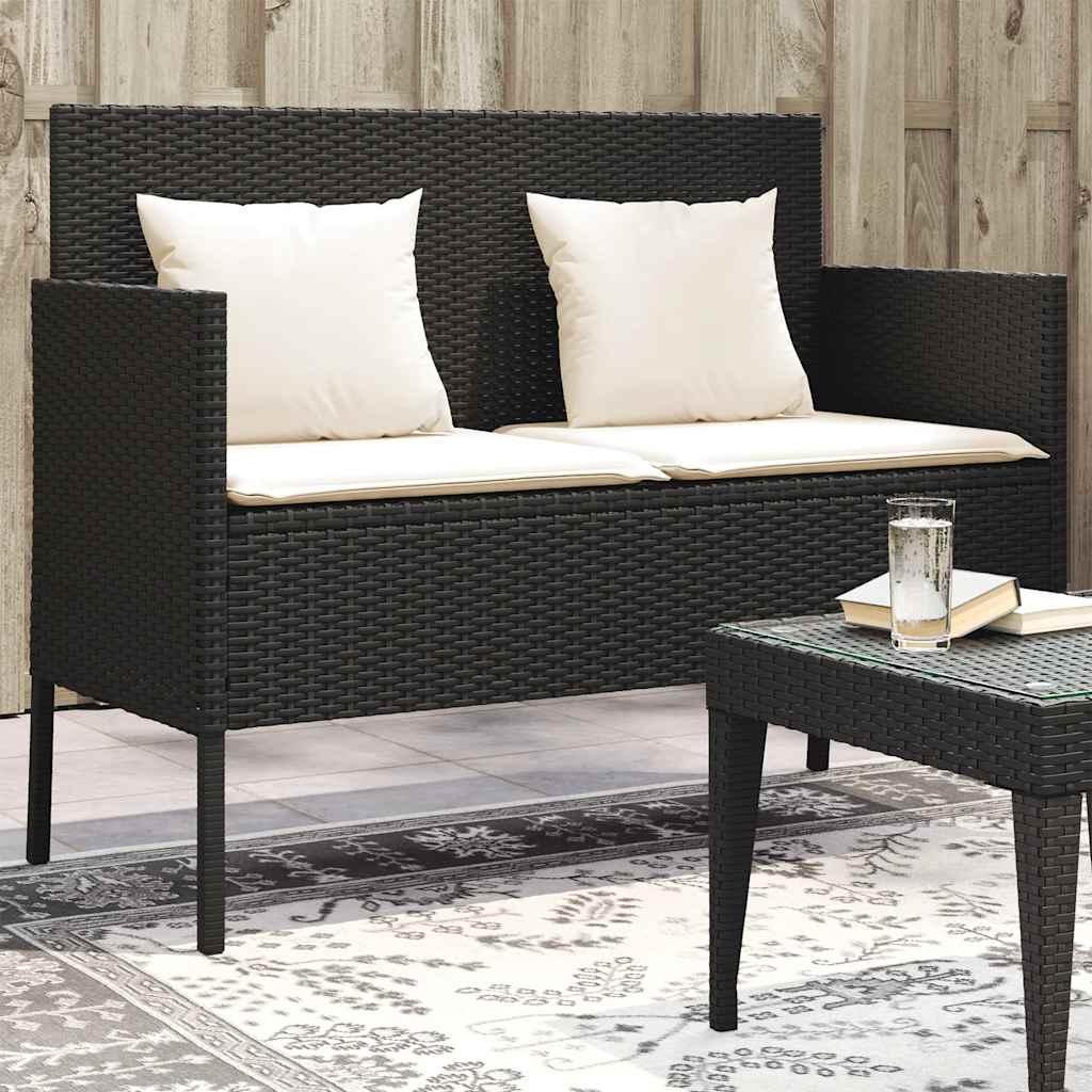 Banco de jardín con cojines ratán sintético gris 116x62,5x74 cm