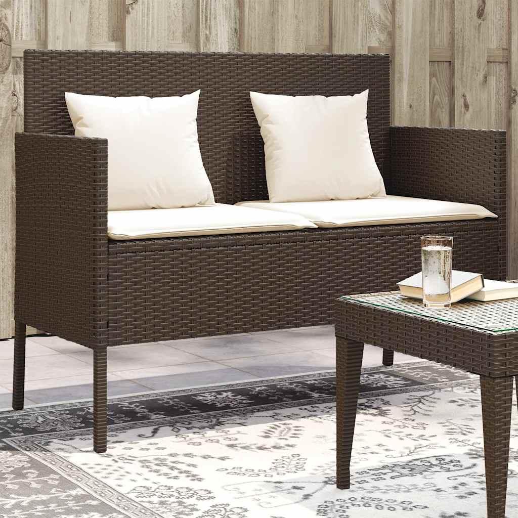 Banco de jardín con cojines ratán sintético gris 116x62,5x74 cm