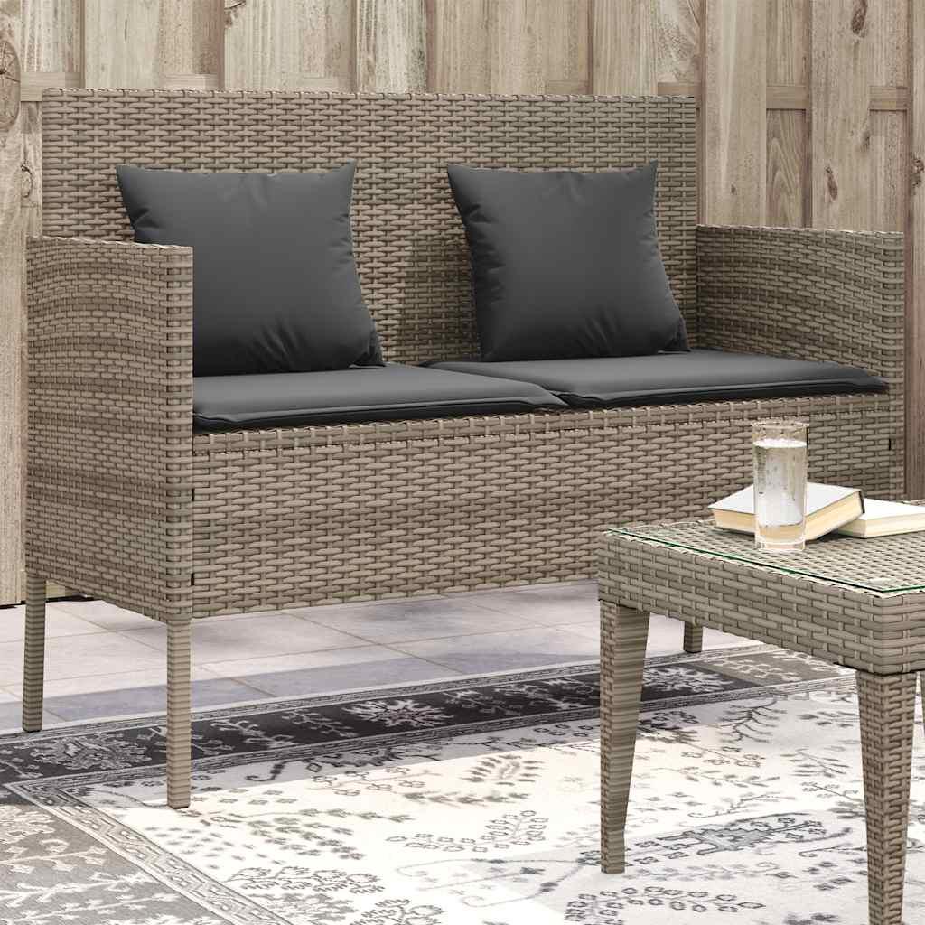 Banco de jardín con cojines ratán sintético gris 116x62,5x74 cm
