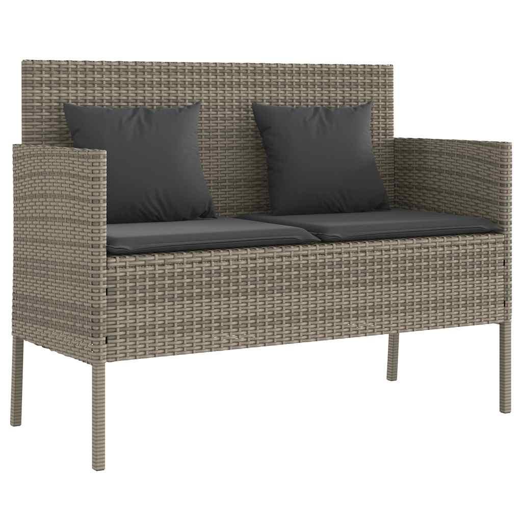 Banco de jardín con cojines ratán sintético gris 116x62,5x74 cm