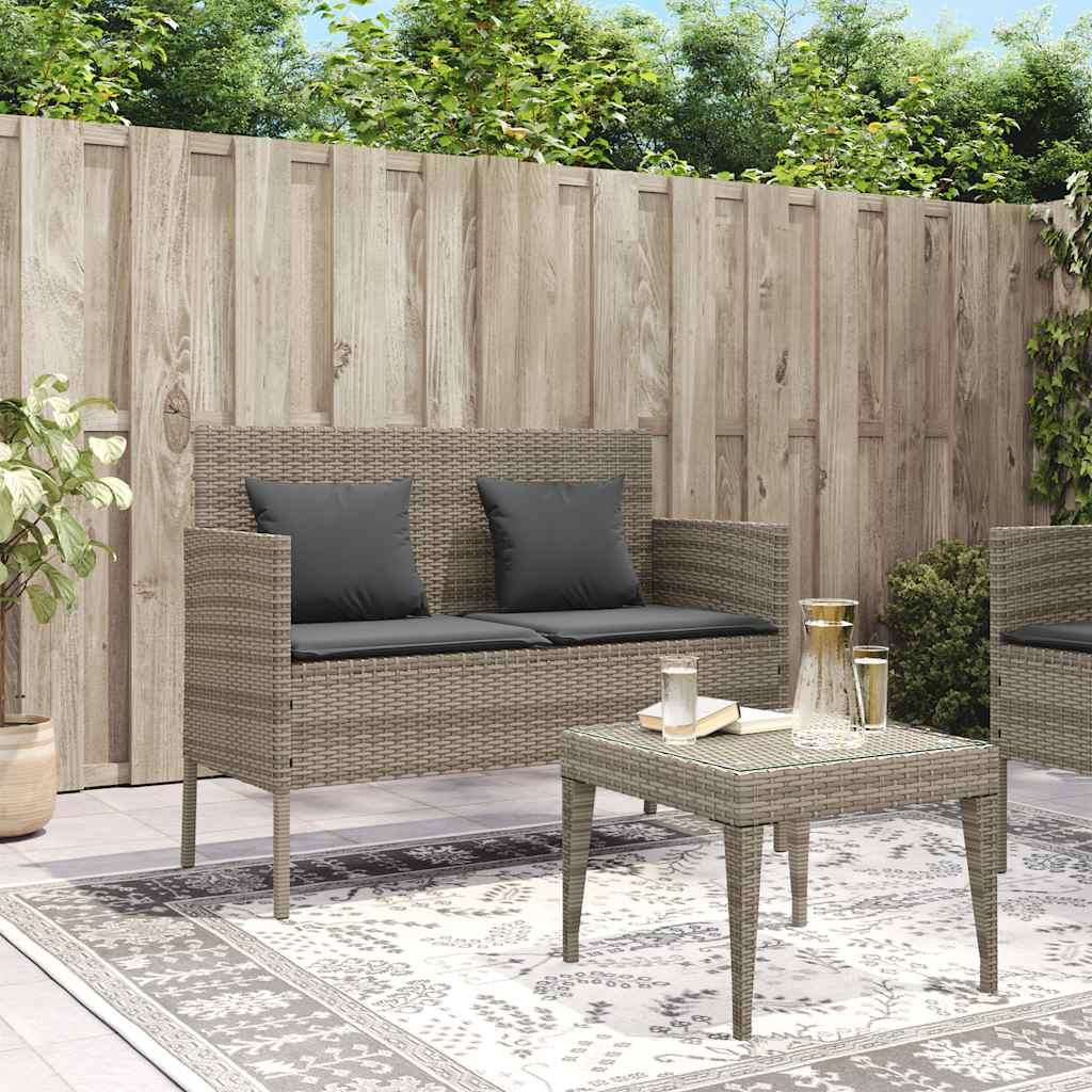 Banco de jardín con cojines ratán sintético gris 116x62,5x74 cm