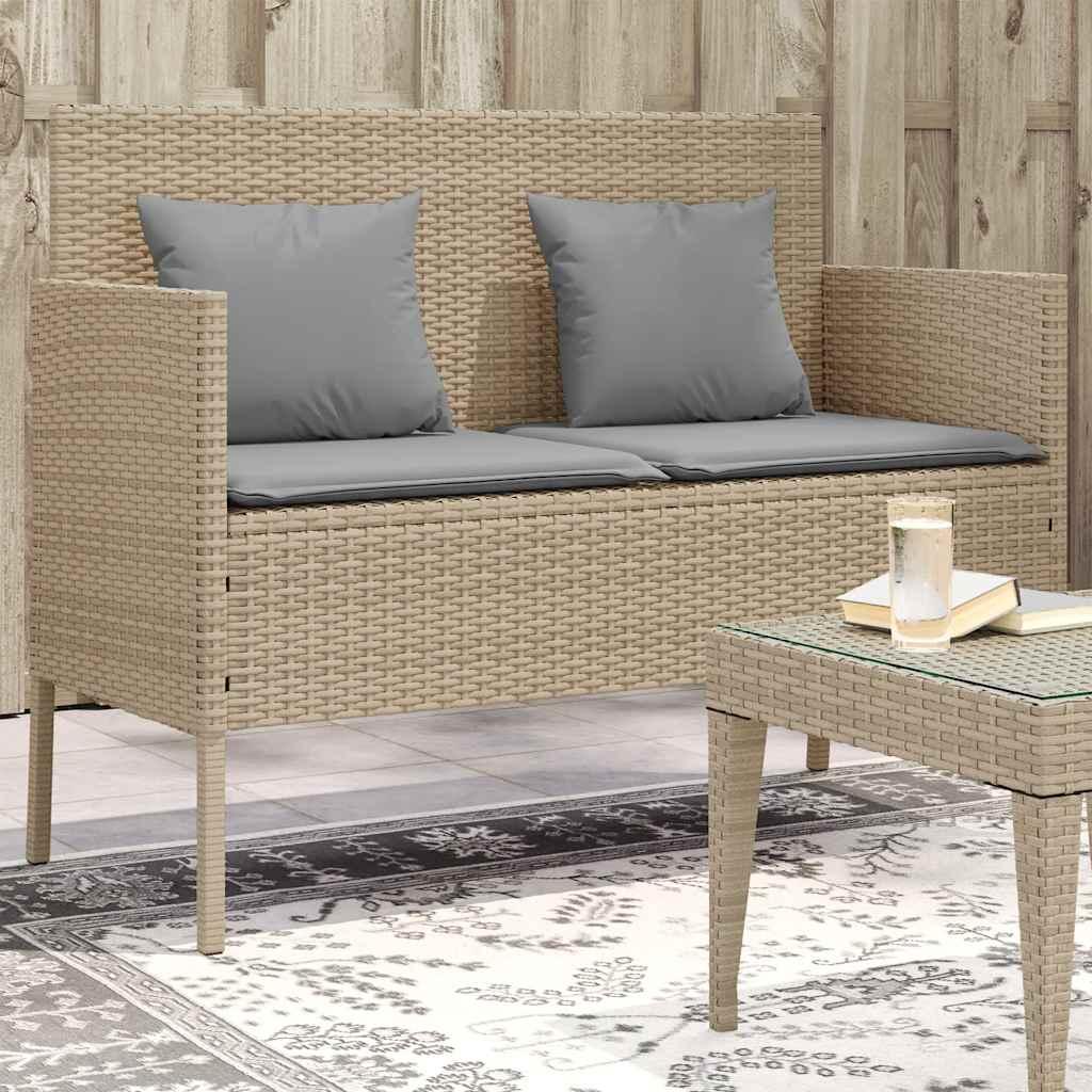 Banco de jardín con cojines ratán sintético gris 116x62,5x74 cm