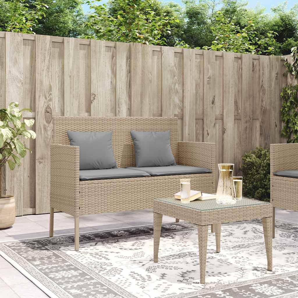 Banco de jardín con cojines ratán sintético gris 116x62,5x74 cm