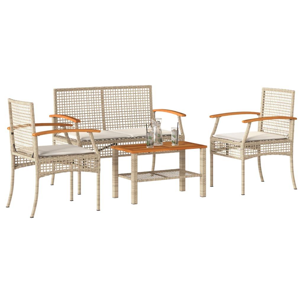 Set muebles de jardín 4 piezas y cojines ratán sintético marrón