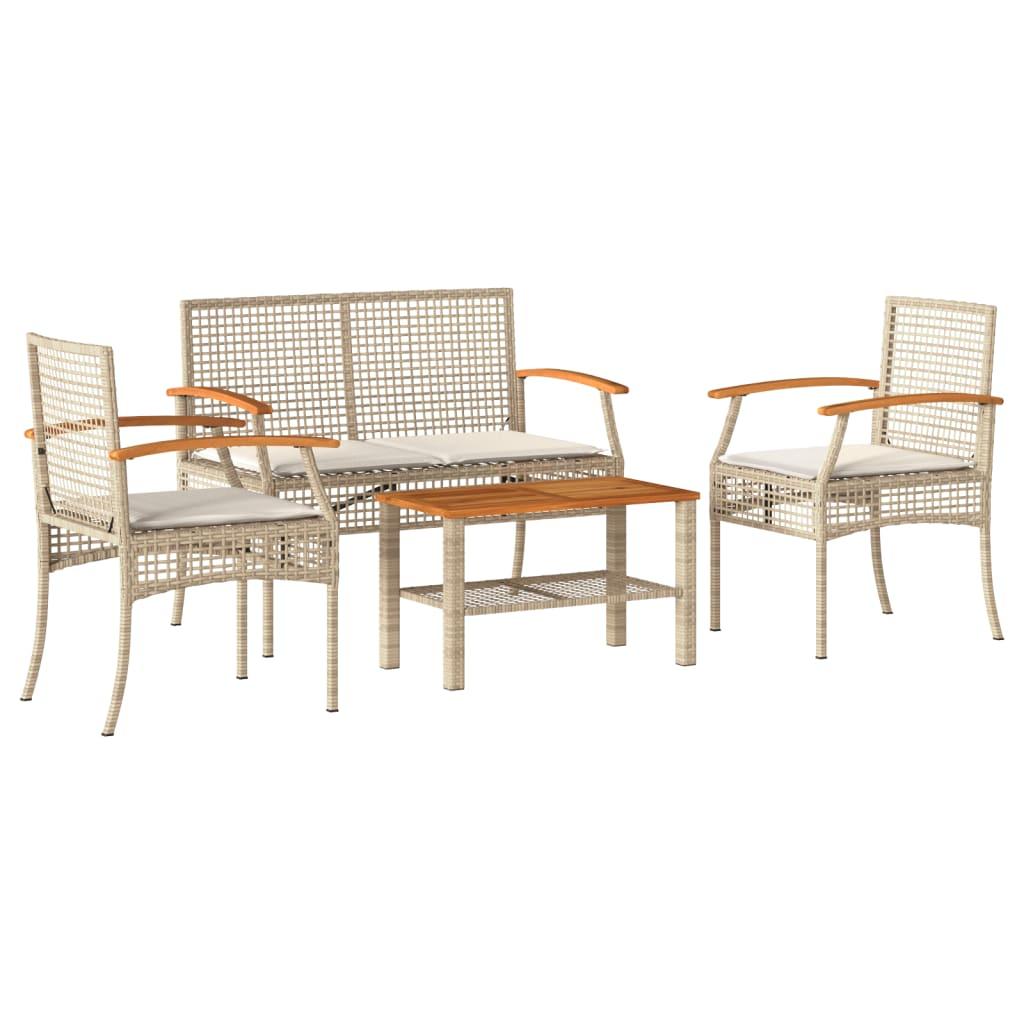 Set muebles de jardín 4 piezas y cojines ratán sintético marrón