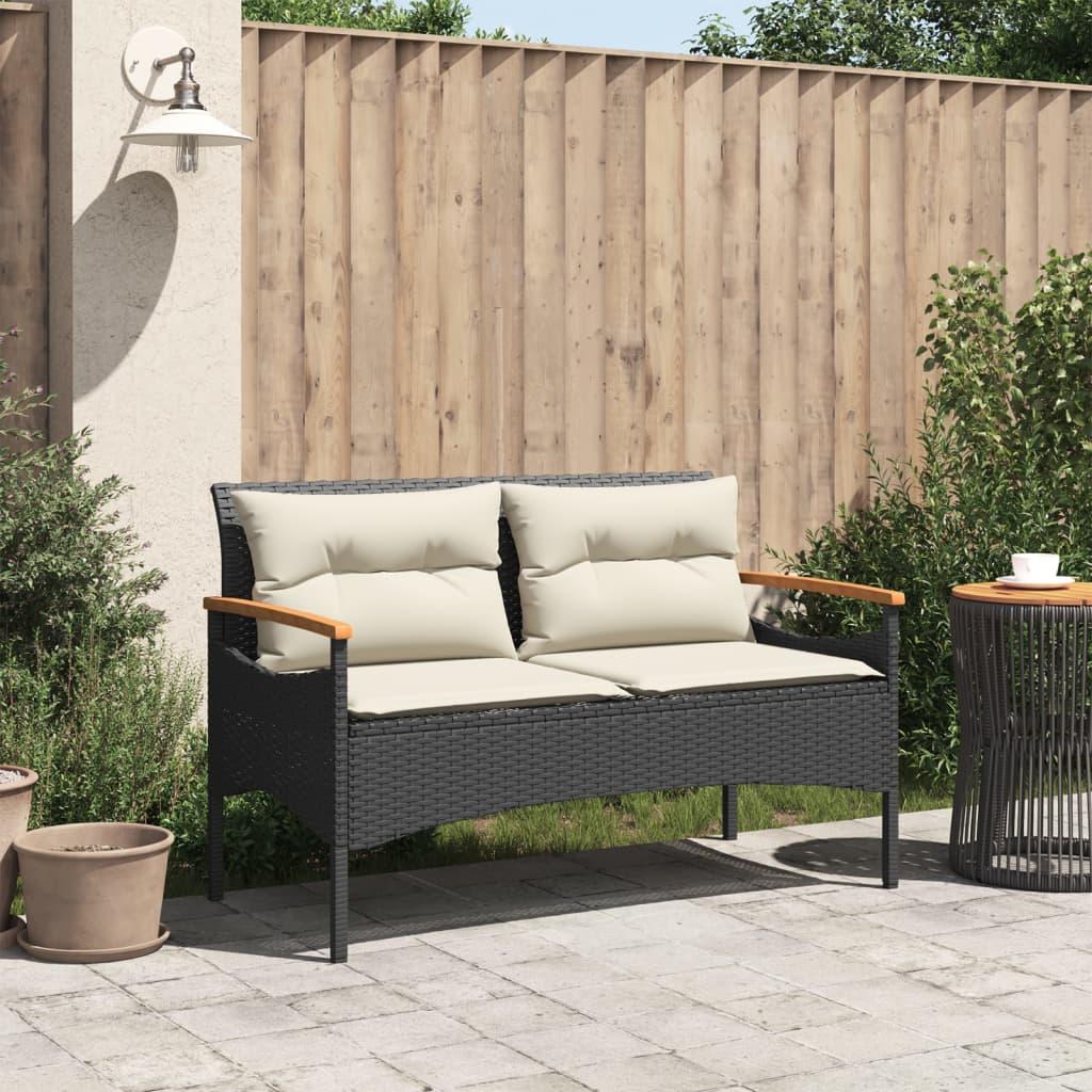 Banco de jardín con cojines ratán sintético gris 116x62,5x74 cm