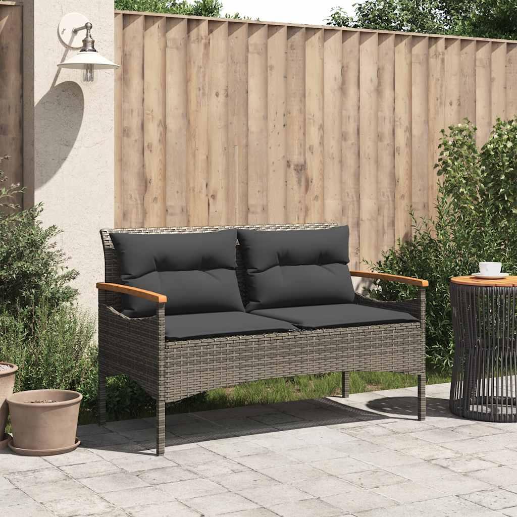 Banco de jardín con cojines ratán sintético gris 116x62,5x74 cm