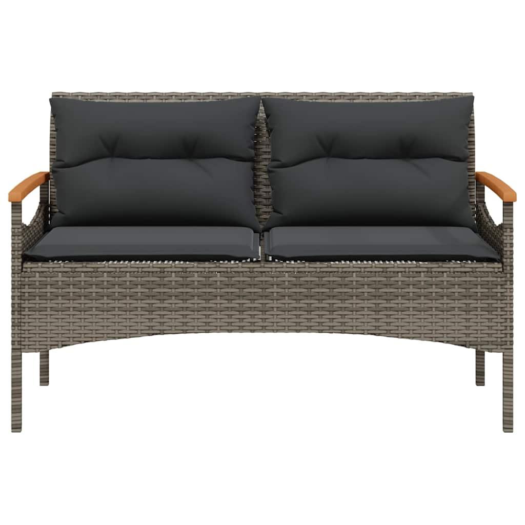 Banco de jardín con cojines ratán sintético gris 116x62,5x74 cm