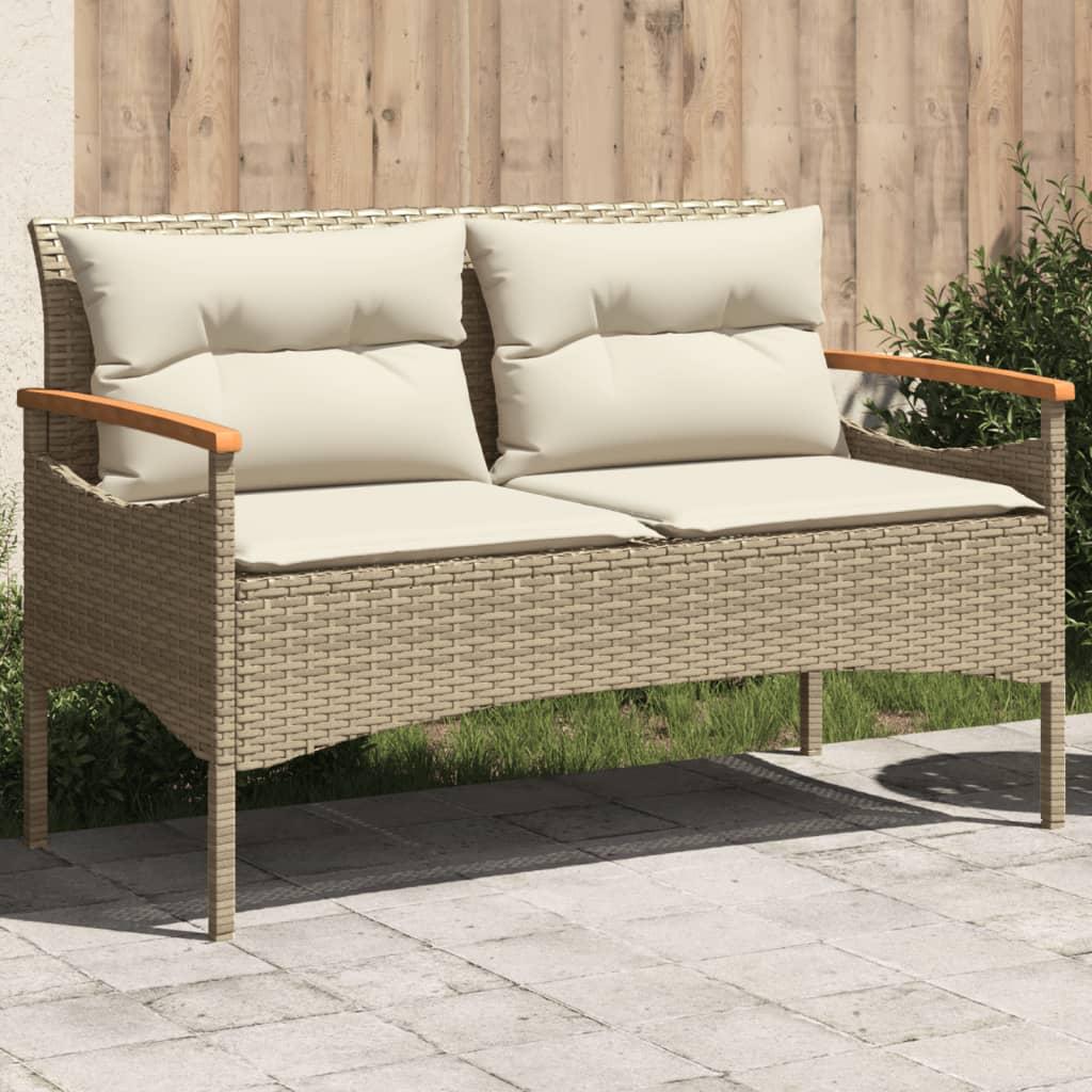 Banco de jardín con cojines ratán sintético gris 116x62,5x74 cm