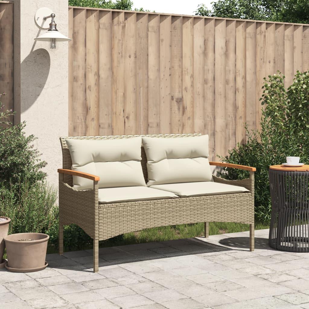 Banco de jardín con cojines ratán sintético gris 116x62,5x74 cm