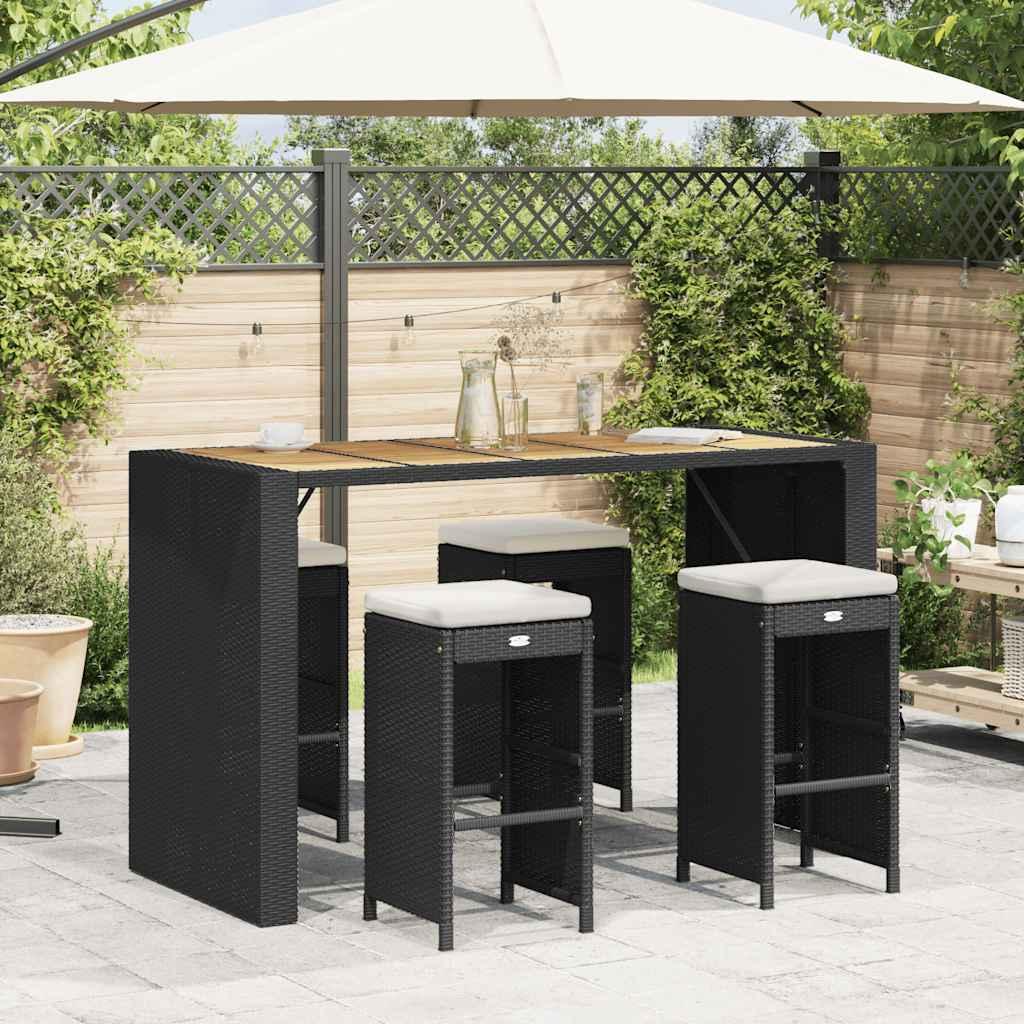 Taburetes altos de bar de jardín cojines 4 uds ratán PE negro