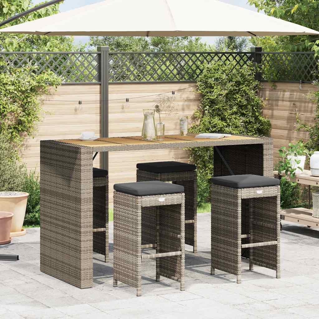 Taburetes altos de bar de jardín cojines 4 uds ratán PE negro
