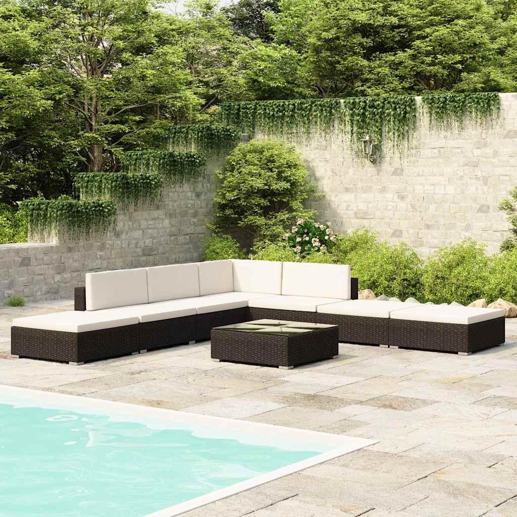 Set muebles de jardín 8 piezas y cojines ratán sintético