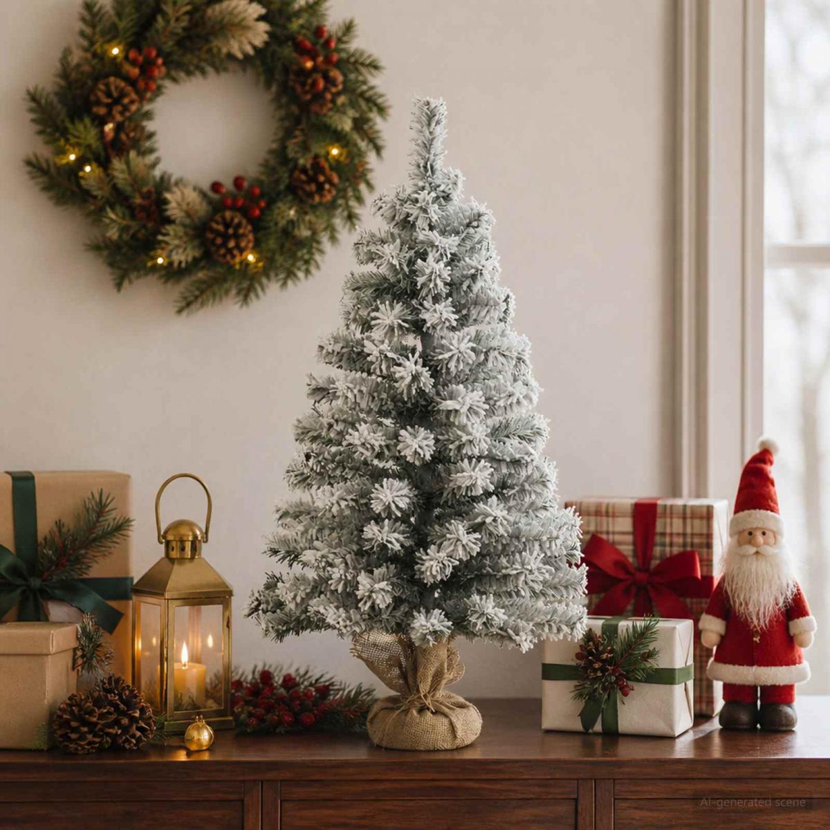 Mini árbol de Navidad nevado PVC Verde y blanco