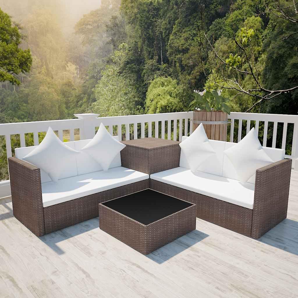 Set muebles de jardín 4 piezas y cojines ratán sintético marrón