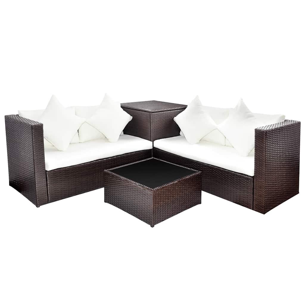 Set muebles de jardín 4 piezas y cojines ratán sintético marrón