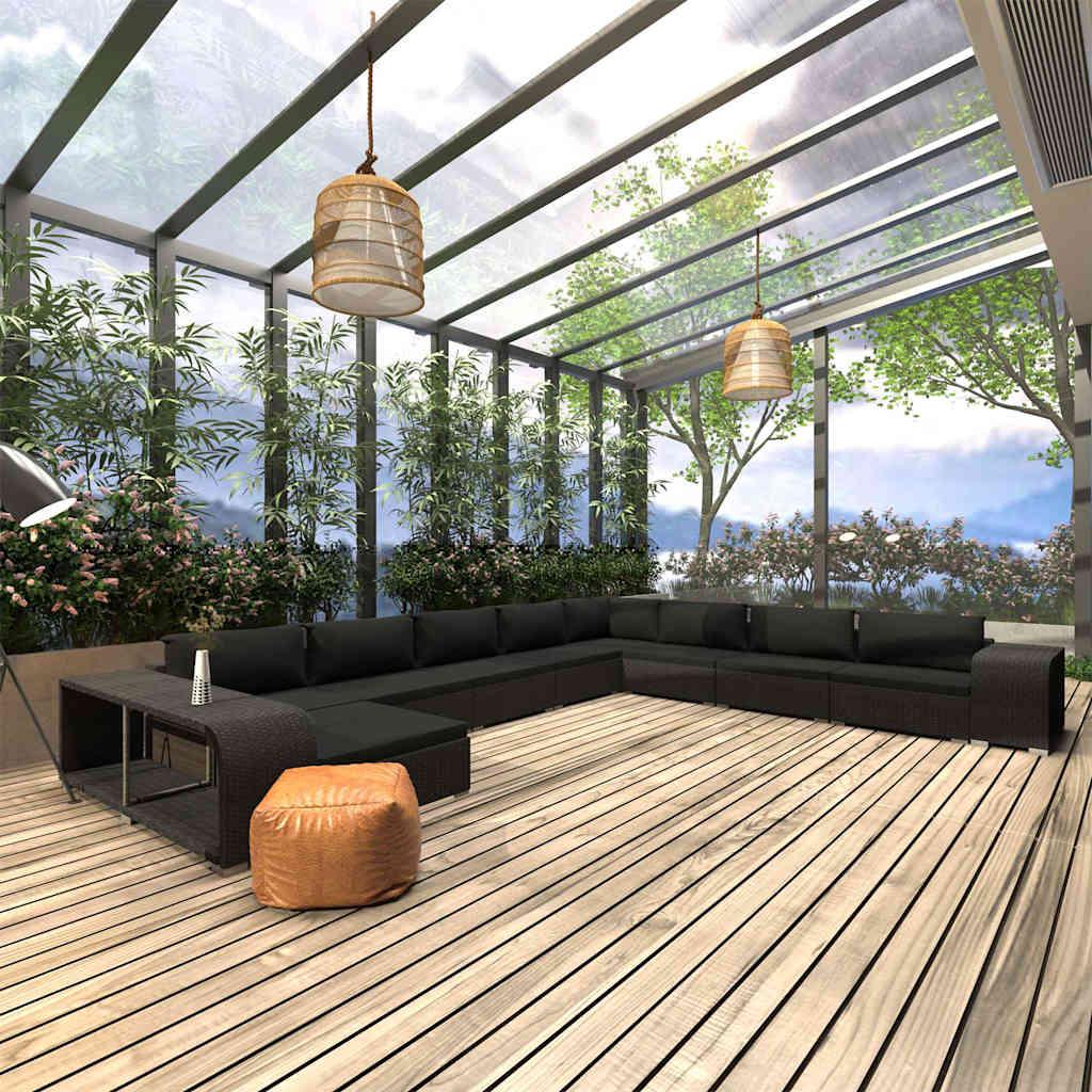 Muebles de jardín de 11 piezas con cojines ratán sintético negro