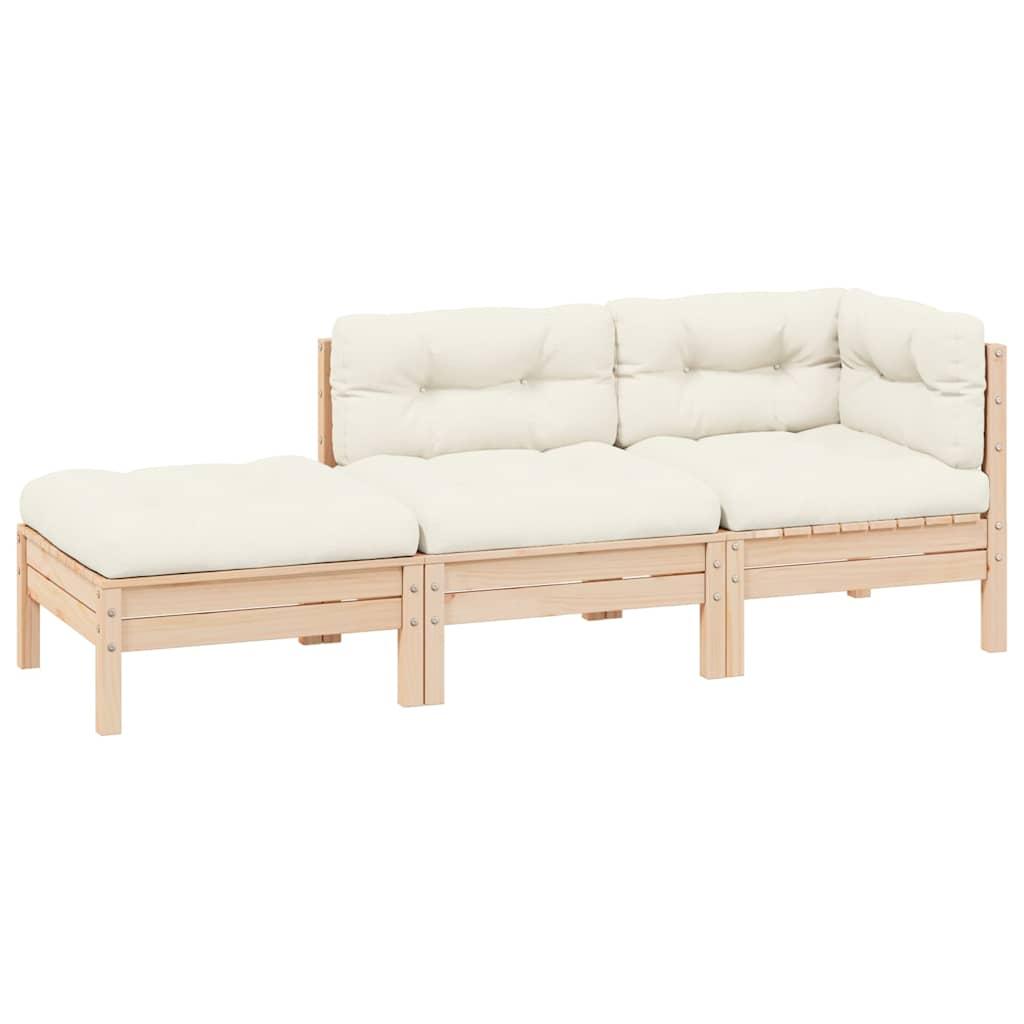 Muebles de jardín 3 piezas madera maciza pino con cojines crema