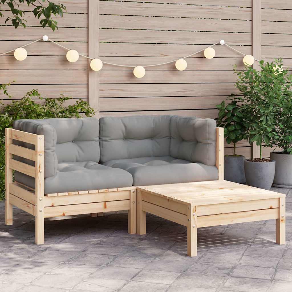 Juego muebles de jardín 3 pzas cojines gris madera pino maciza