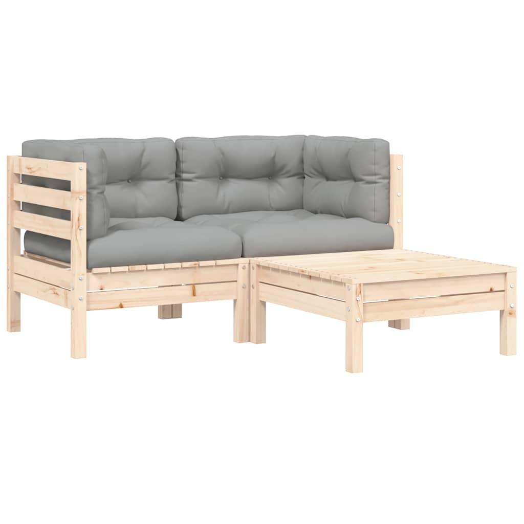 Juego muebles de jardín 3 pzas cojines gris madera pino maciza