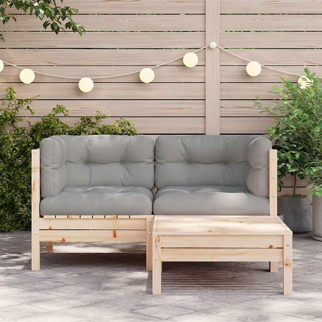 Juego muebles de jardín 3 pzas cojines gris madera pino maciza