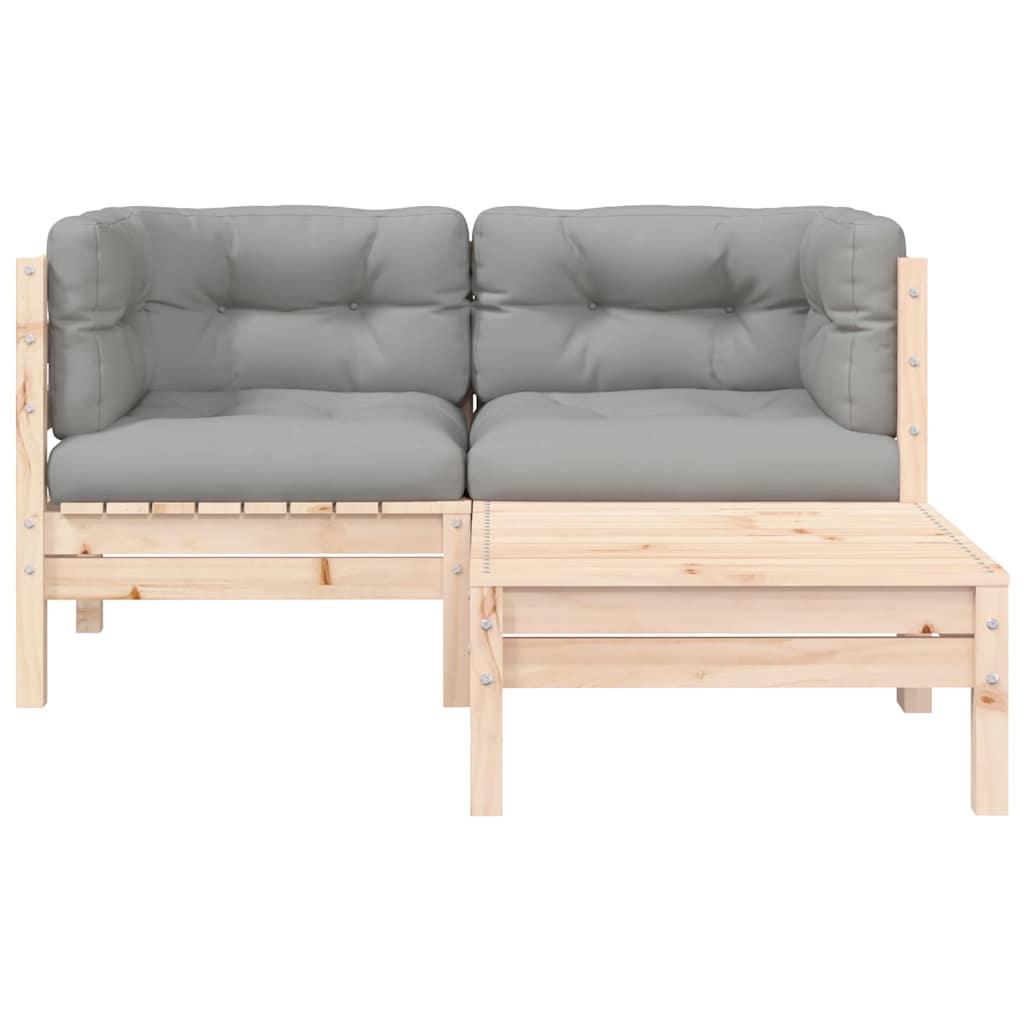Juego muebles de jardín 3 pzas cojines gris madera pino maciza