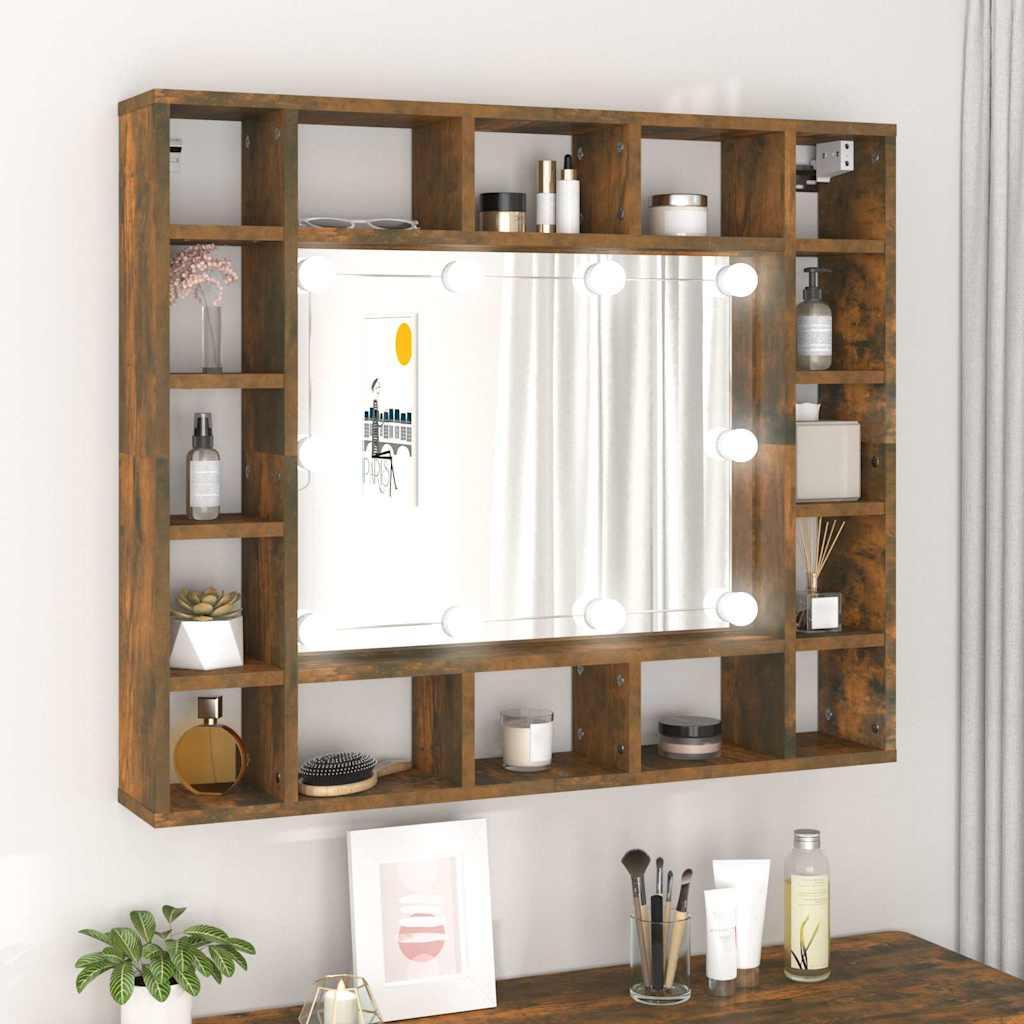 Mueble con espejo y LED color roble ahumado 90x31,5x62 cm