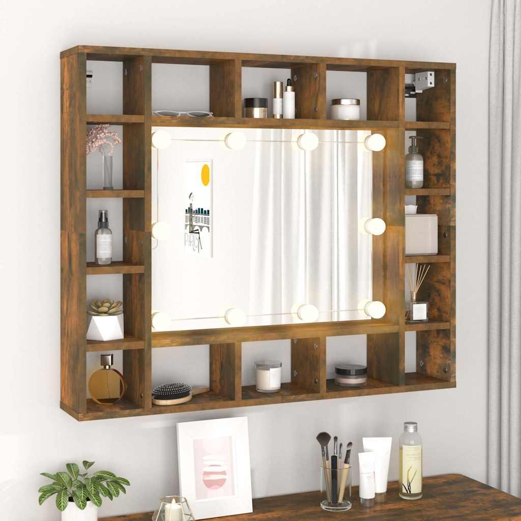 Mueble con espejo y LED color roble ahumado 90x31,5x62 cm