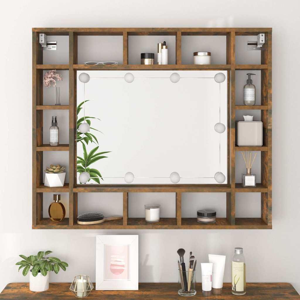 Mueble con espejo y LED color roble ahumado 90x31,5x62 cm