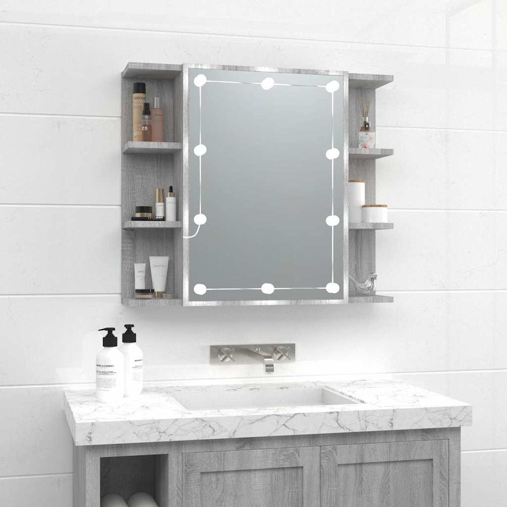 Mueble con espejo y LED color roble ahumado 90x31,5x62 cm
