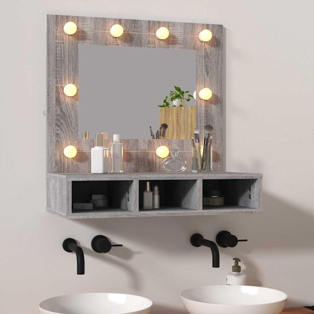 Mueble con espejo y LED color roble ahumado 90x31,5x62 cm