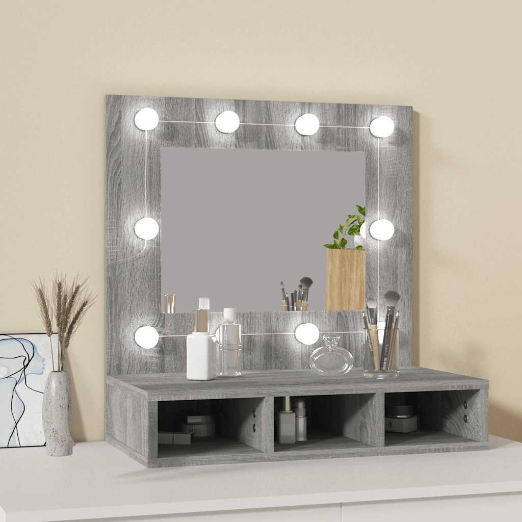 Mueble con espejo y LED color roble ahumado 90x31,5x62 cm
