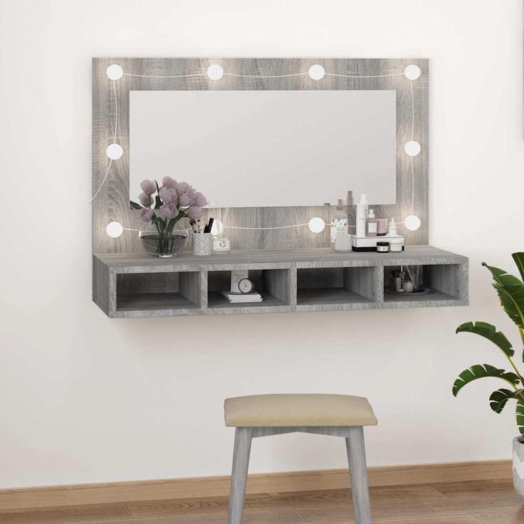 Mueble con espejo y LED color roble ahumado 90x31,5x62 cm