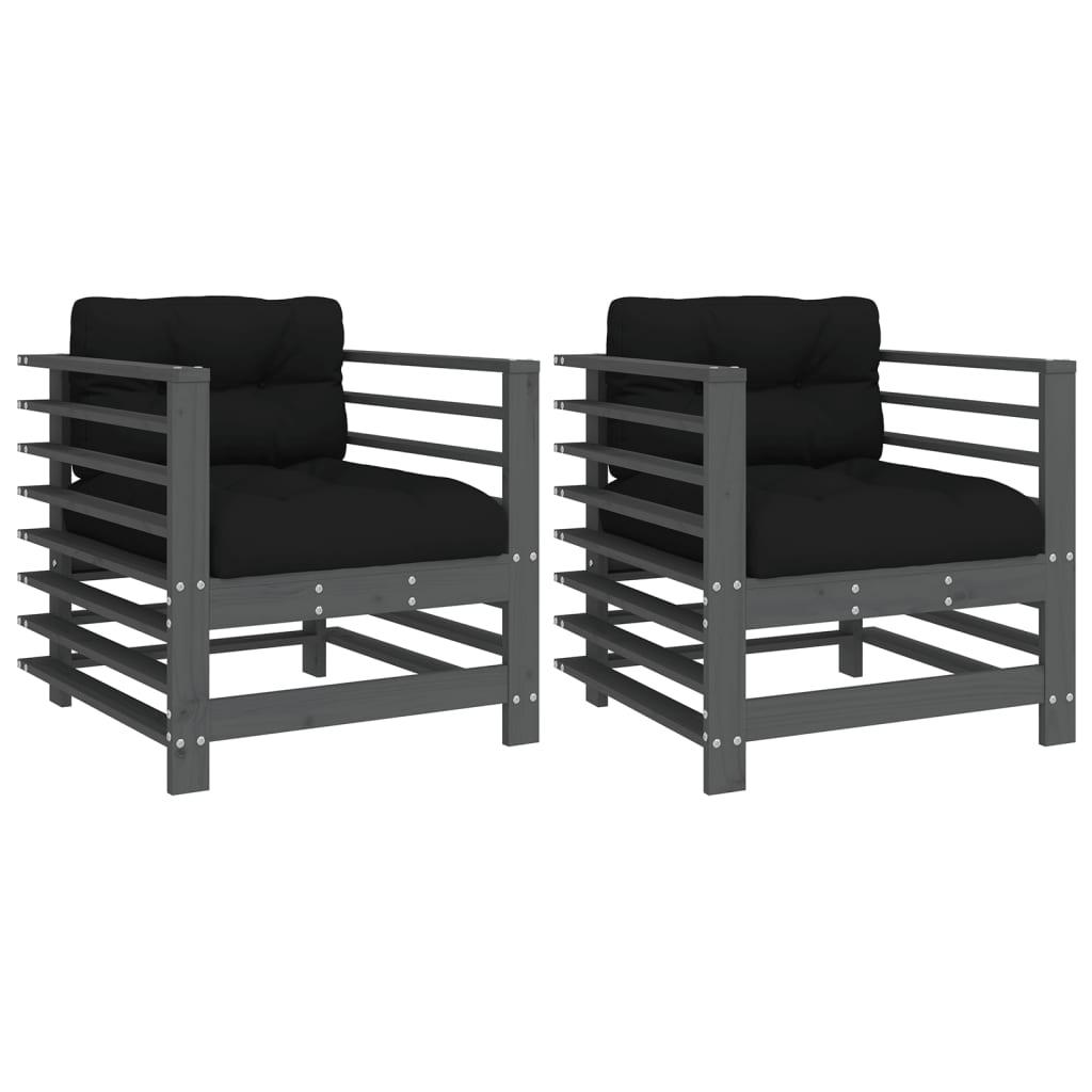 Sillones de jardín con cojines 2 uds madera maciza de pino gris