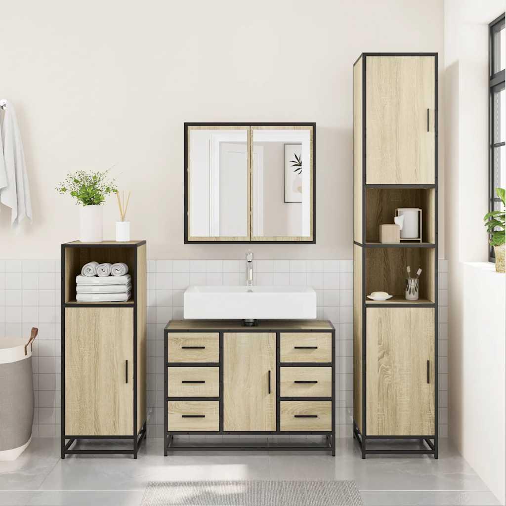 Armario lavabo baño madera ingeniería roble ahumado 91x35x60 cm