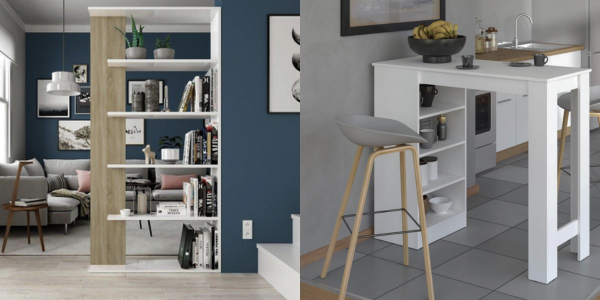 Comparativa de muebles con diseño abierto: estantería divisoria de ambientes y barra de cocina con estantes, ideales para la ventilación y frescura del hogar.