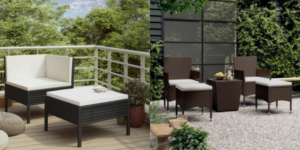 Conjuntos de muebles de jardín de ratán en terraza y patio, perfectos para crear un espacio exterior fresco y natural en verano.